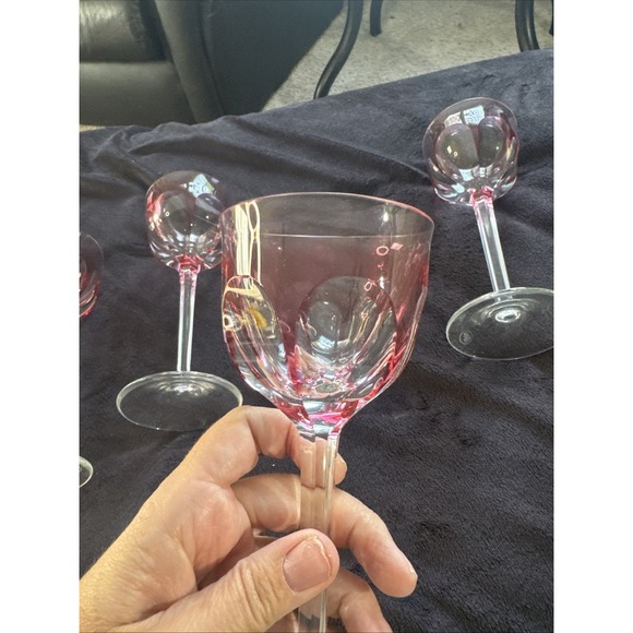 VERY RARE Set 5‎ MINT MOSER Cranberry Pink Wine Glasses Marked NO CHIPS